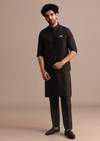 Black Silk Kurta Jacket Set With Pintuck Pattern For Men