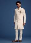 Cream Indowestern Suit With Zari And Metal Work Broach