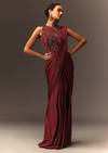Masala Maroon Net Satin Draped Saree With Hand Embroidered Blouse