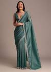 Rama Green Crushed Tissue Saree With Mirror and Cutdana Embellished Border