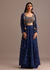 Blue Embroidered Croptop With Drape Skirt And Tussar Jacket