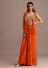 Orange Embroidered Croptop With Draped Skirt And Organza Jacket