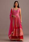 Pink Embroidered Kurti Palazzo With Organza Dupatta