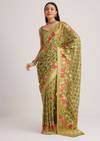 Olive Green Khaddi Georgette Jaal Work Saree With Animal Bird Motifs