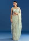 Aqua Blue Organza Tissue Saree With Embellished Border
