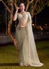 Mint Green Net Saree With Scallop Border And Heavy Embroidery