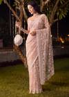 Pink Net Jaal Resham Saree with Unstitched Blouse