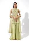 Green Russian Silk Palazzo Suit With Floral Zari And Thread Embroidery