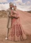 Peach Zardosi Lehenga For Her & Open Sherwani Jacket For Him