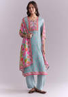 Sky Blue Silk Kurta Set With Ikat Style Print