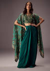 Teal Green Draped Skirt With Embroidered Blouse And Tassel Cape