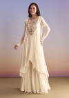 White Georgette Palazzo Suit With Resham and Sequins Embroidery