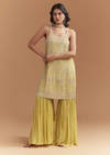 Yellow Chinon Sharara Suit With Beads And Moti Work