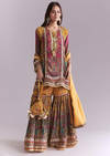 Yellow Crepe Printed Sharara Suit With Gota Detail And Potli