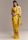 Yellow Crepe Saree With Floral Digital Print And Sequin Embroidery
