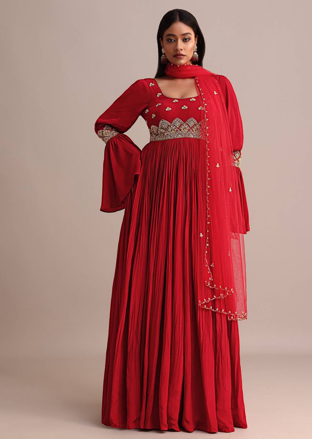 Red Ruched Anarkali Suit With Dupatta