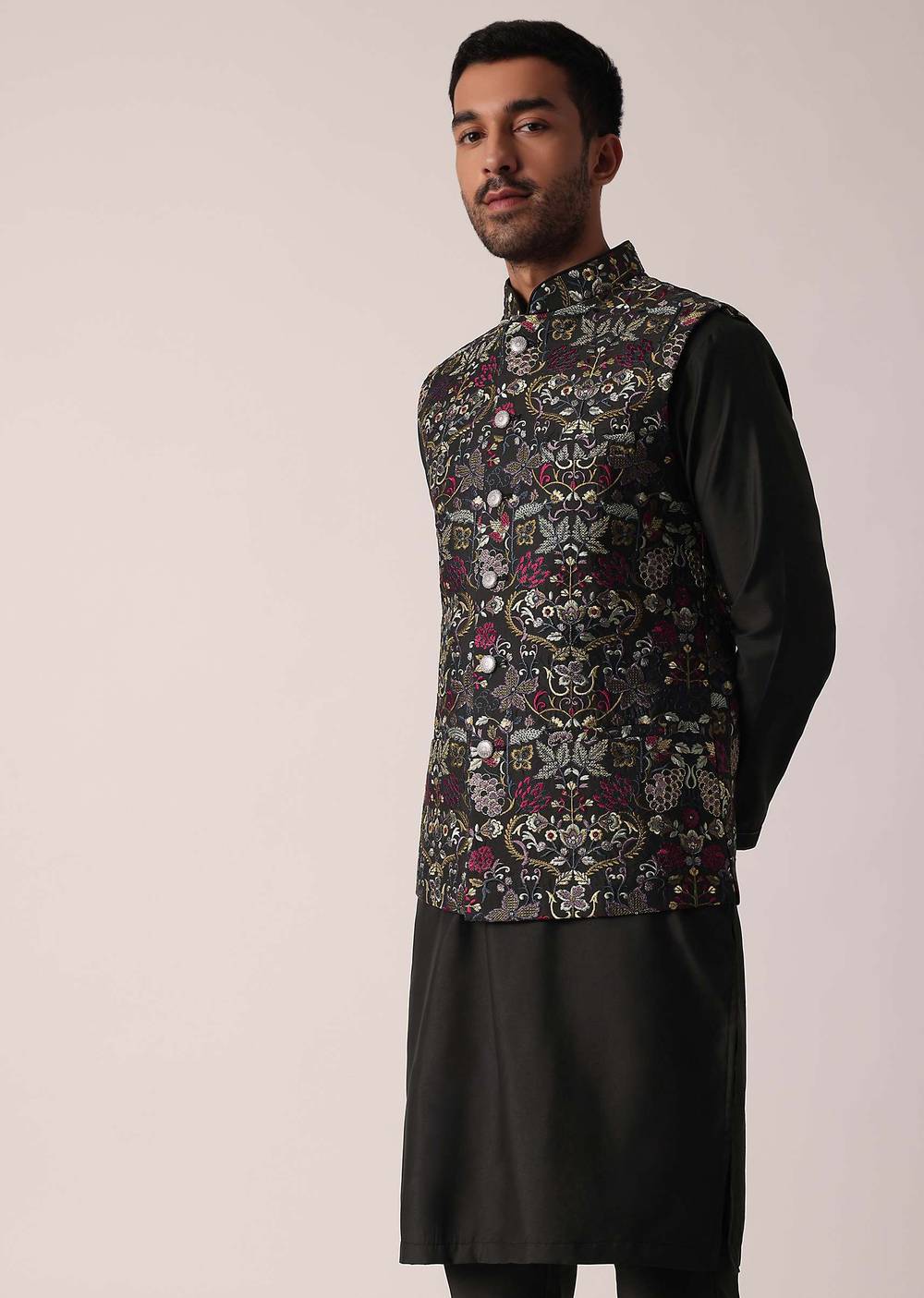 black festive jacket kurta set for men-sg214033 2