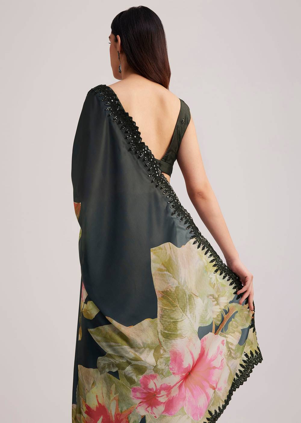 Black Floral Printed Satin Saree With Sequins Lace Border