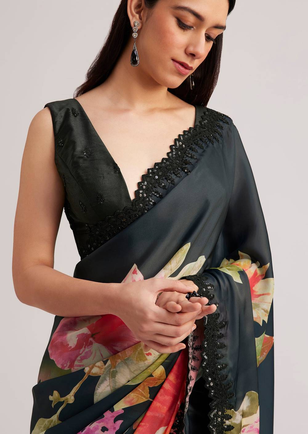 Black Floral Printed Satin Saree With Sequins Lace Border