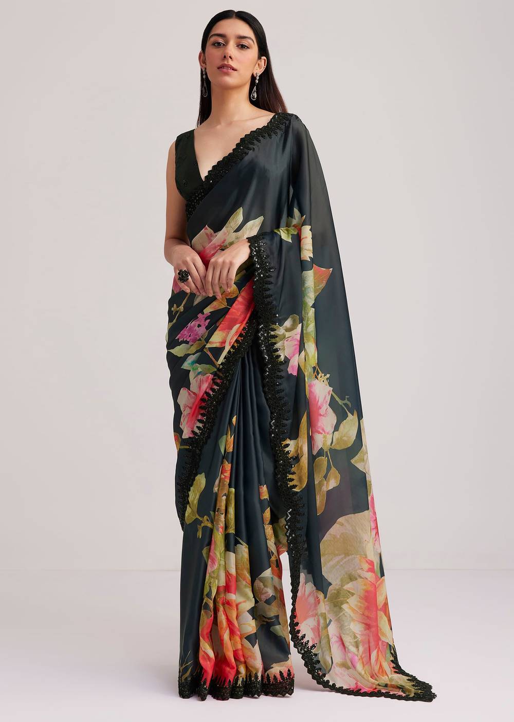 Black Floral Printed Satin Saree With Sequins Lace Border