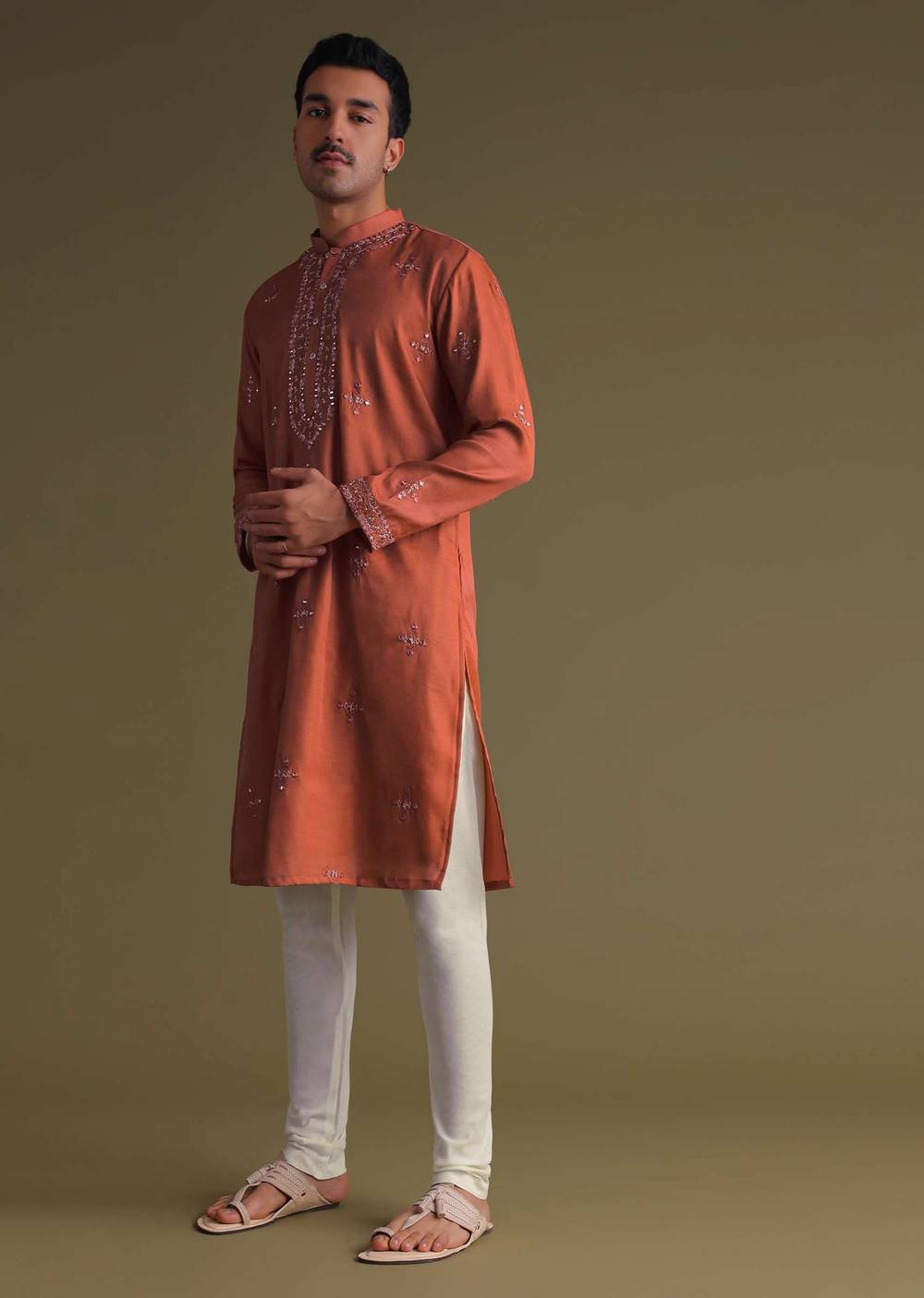 fire orange silk kurta set with mirror-sg146304 3