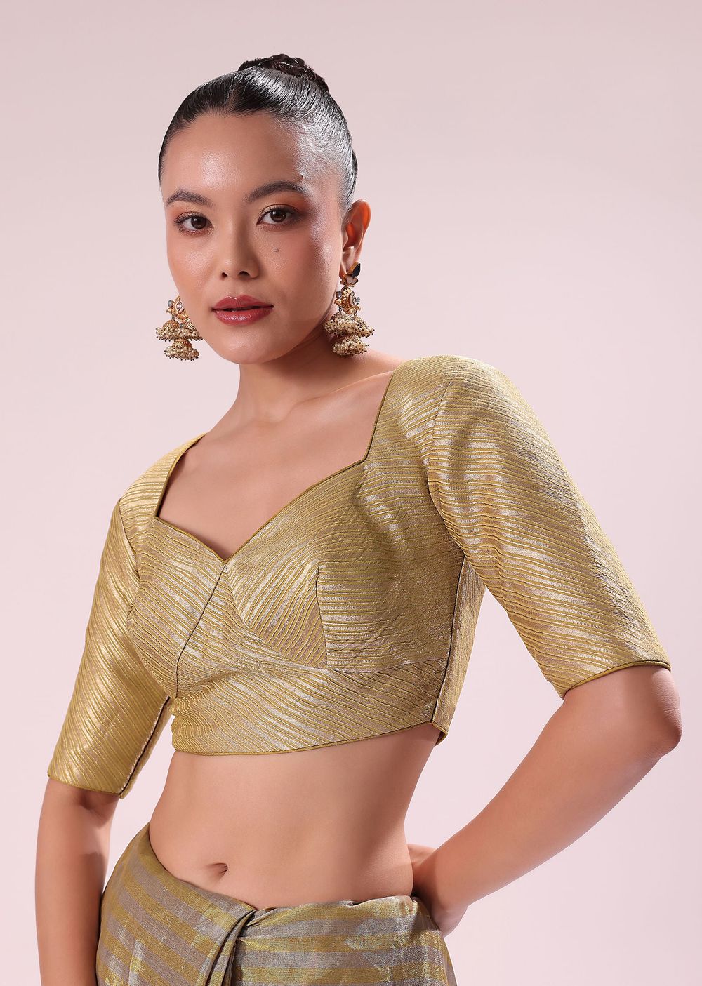 Gold Chanderi Tissue Saree With Pipe Finish Stitched Blouse