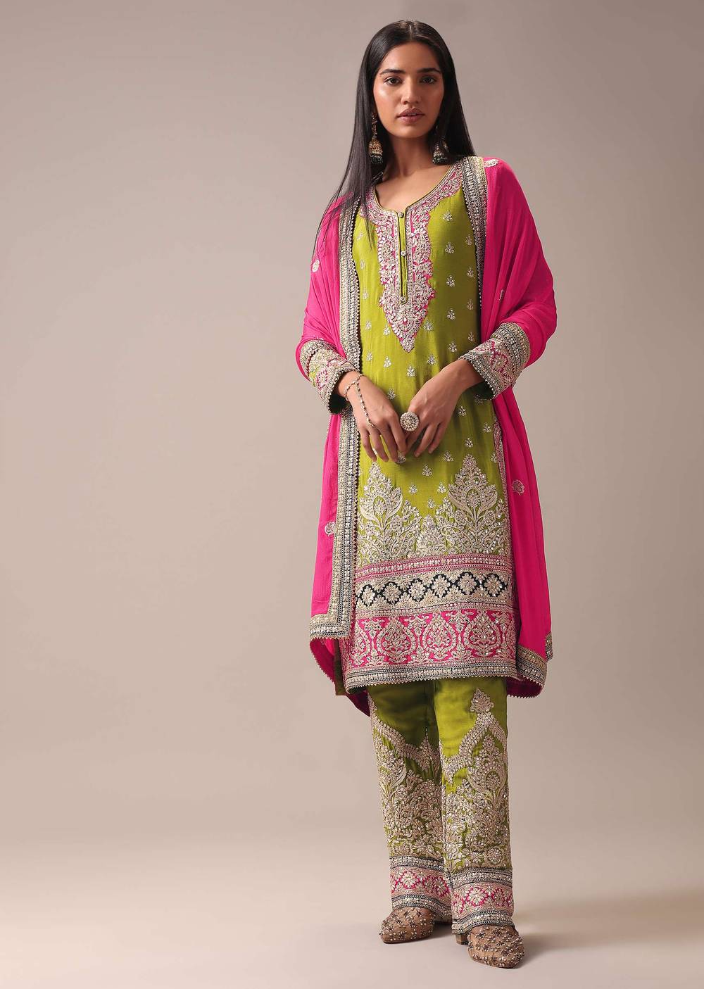 Green Color Block Pallazo Set In Chinon