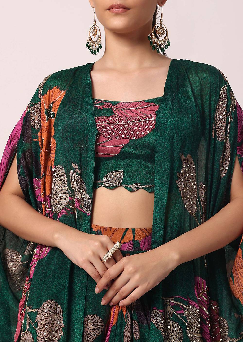 green printed dhoti set with jacket-sg217974 3