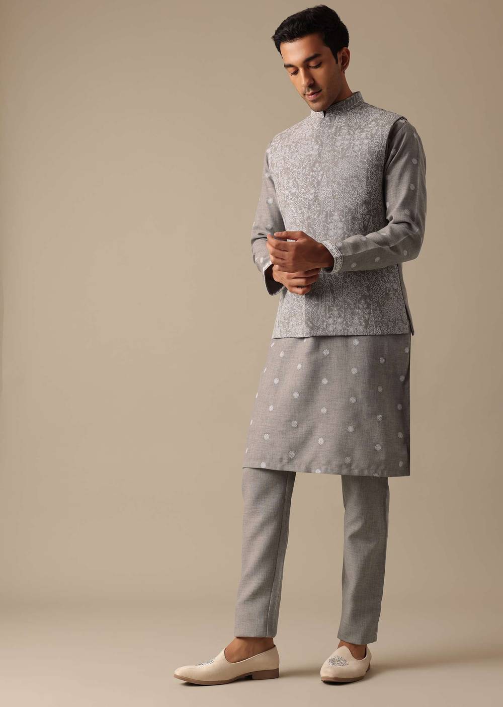 grey linen jacket and kurta set-sg186532 4