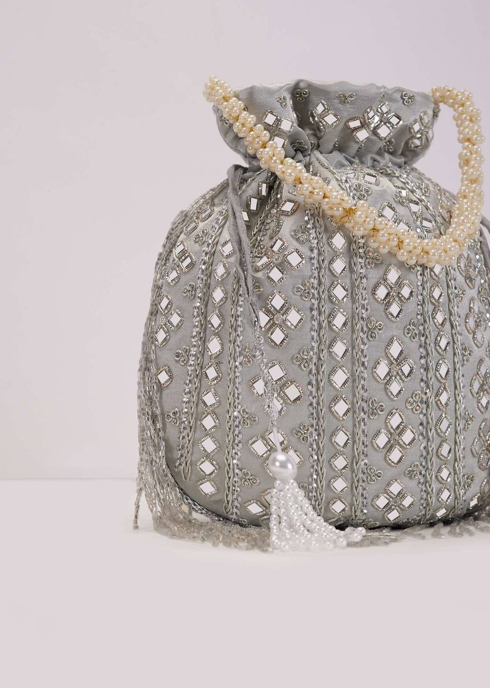 grey mirror work silk potli with tassels-sg91883 3