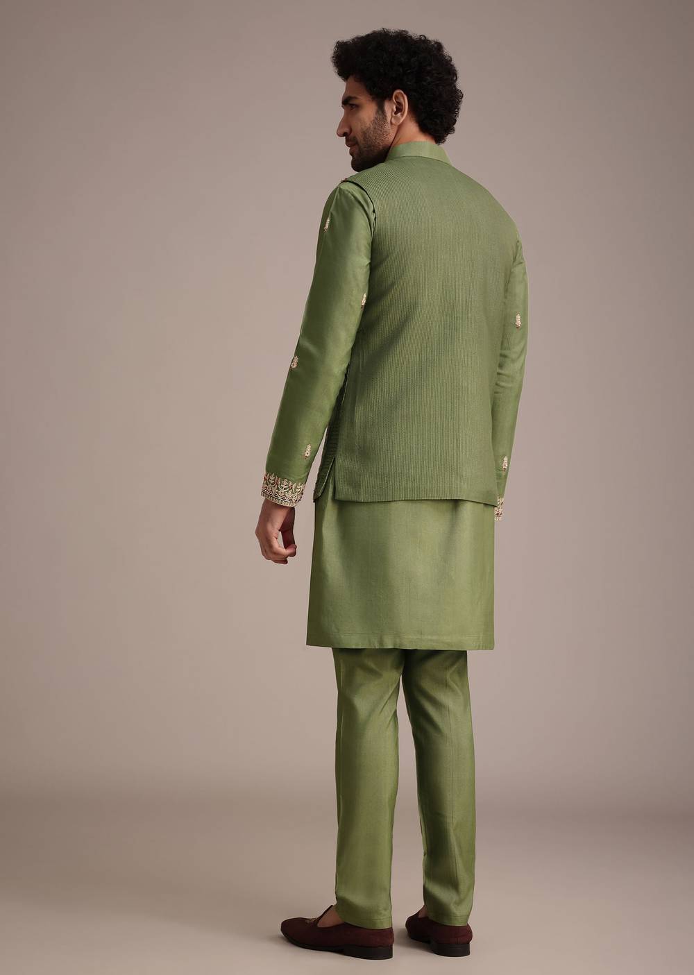 olive green mirror embroidered kurta jacket set-sg233772 2