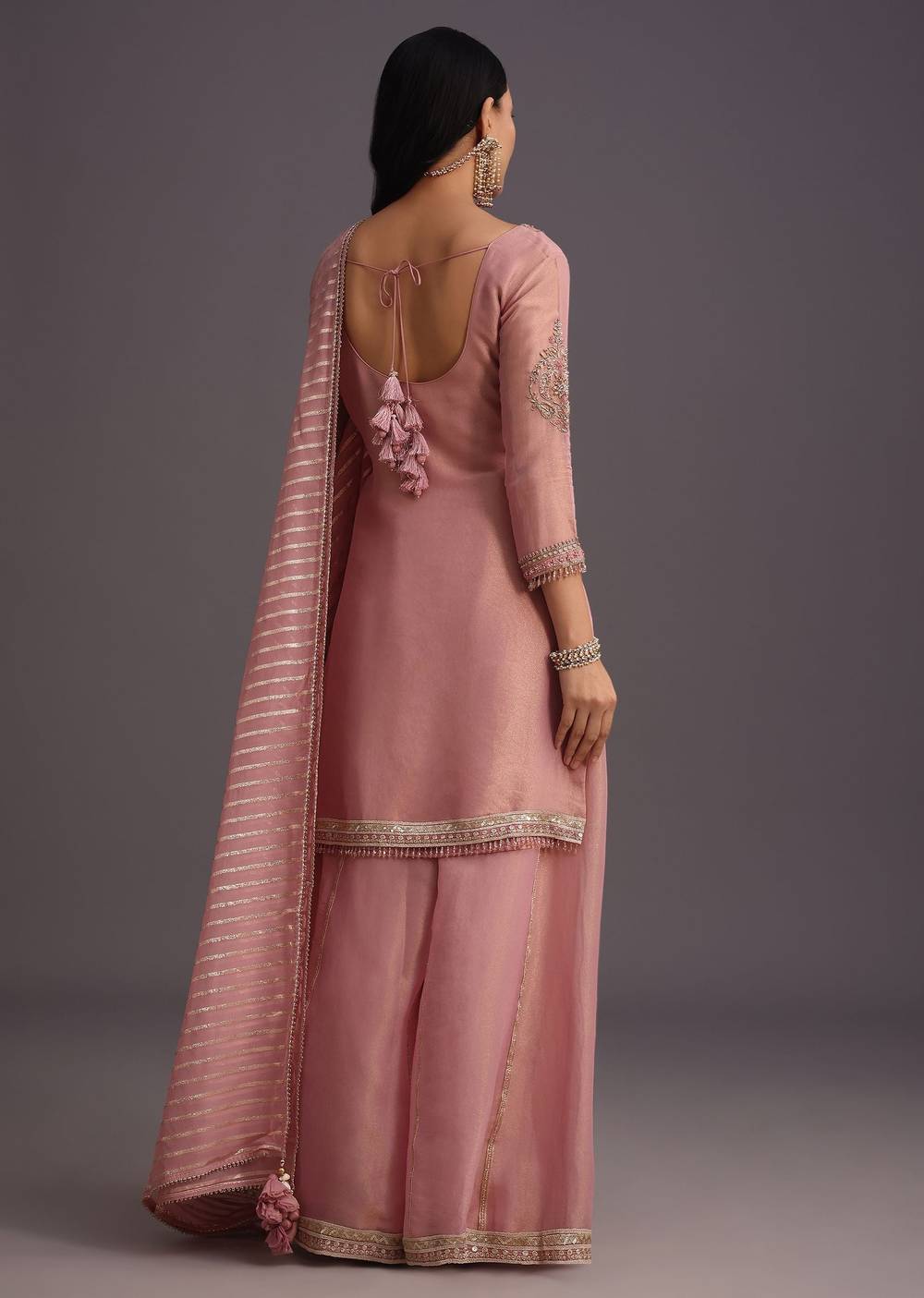 Onion Pink Embroidered Kurti Palazzo Set With Dupatta