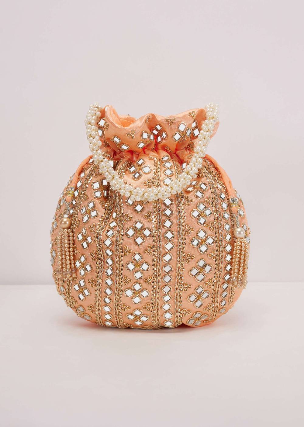 peach fuzz mirror work silk potli pearl-sg91875 1