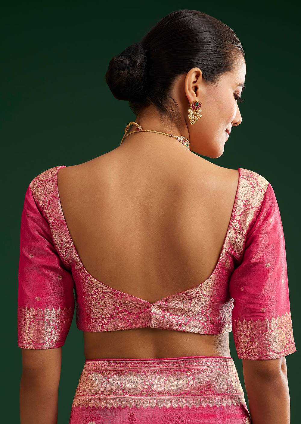 Rani Pink Saree With Woven Zari Motif And Embroidered Blouse