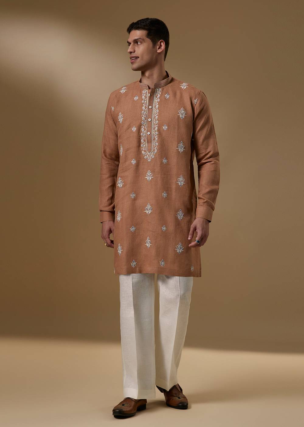 Rust Linen Kurta With Multicolor Resham Threadwork