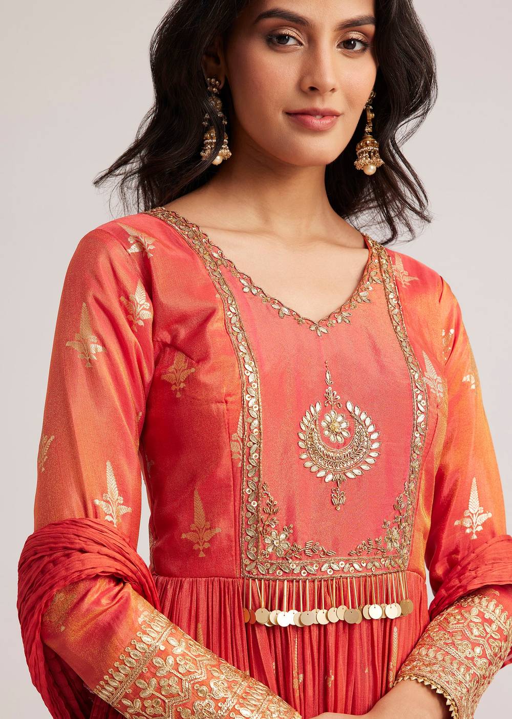 rust orange tissue anarkali set with gotta work-sg295741 6
