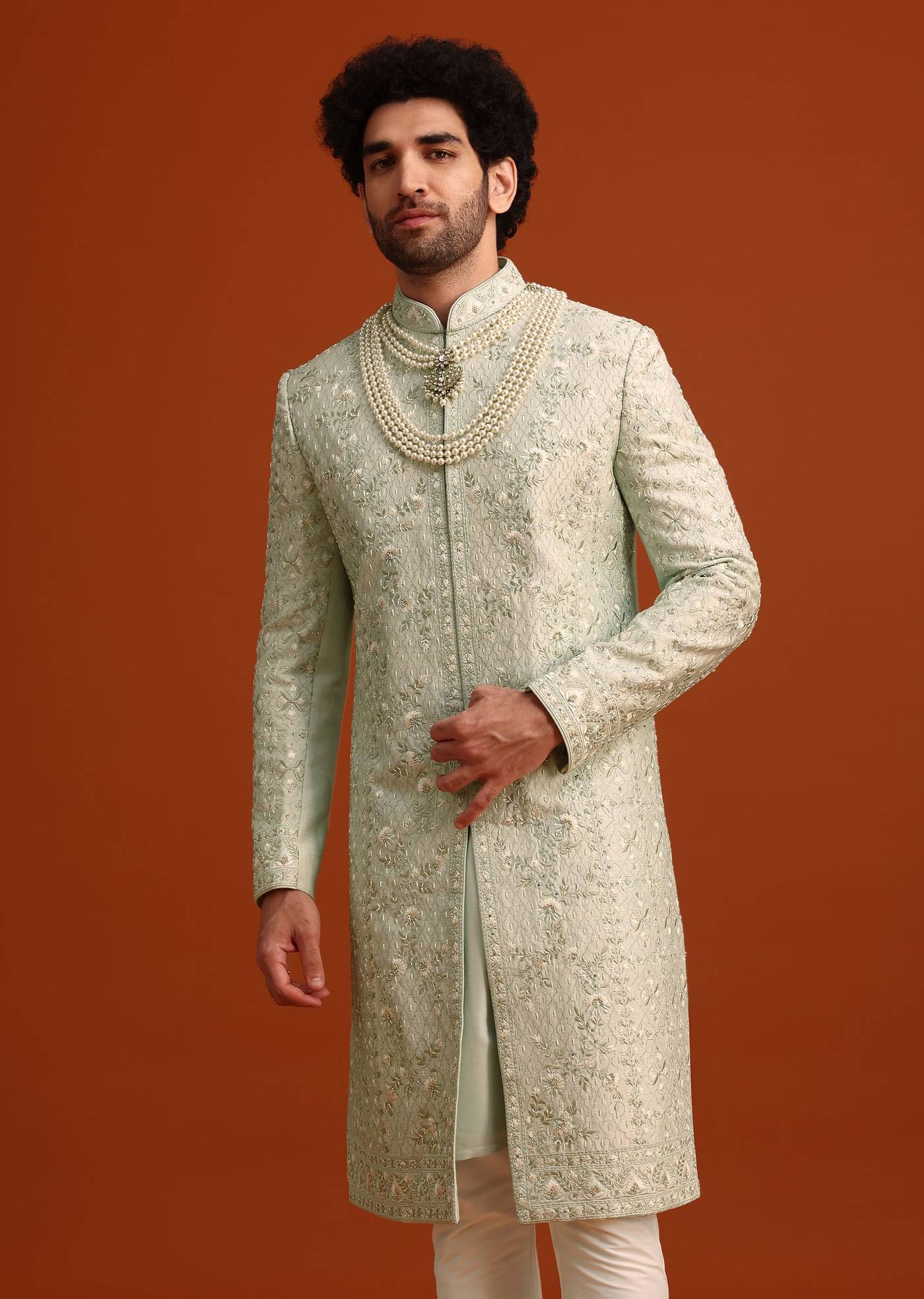 mint green silk sherwani set with sequin work-sg249855 5