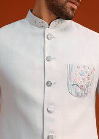 Sky Blue Linen Kurta Jacket Set With Resham Work