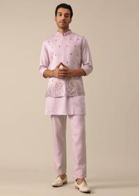Pink Jacket And Kurta Set With Floral Motif Thread Work