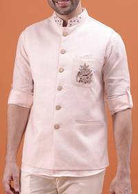 Pink Linen Kurta And Embroidered Jacket For Men