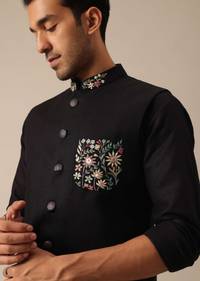 Black Linen Jacket And Kurta Set