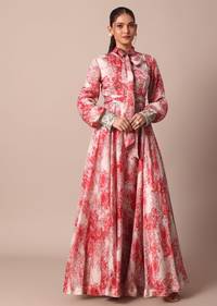Classic Red Crepe Printed Gown With Embroidered Sleeves