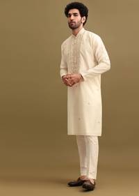 Off White Silk Kurta Set With Zari Work For Men