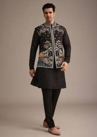 Black Hand Embellished Mirror Work Jacket And Kurta Set In Silk