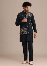 Navy Blue Kurta Jacket Set With Floral Embroidered Motifs