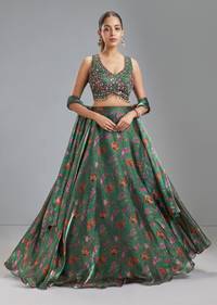 Green Organza Tissue Floral Lehenga With Mirror Work Choli
