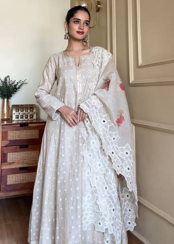 Beige Chanderi Embroidered Anarkali Set with Floral Cutwork Dupatta