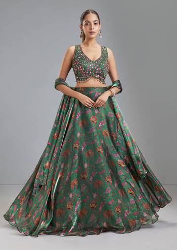 Green Organza Tissue Floral Lehenga With Mirror Work Choli