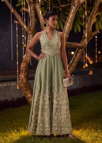 Pista Green Tissue Jumpsuit With Zari And Sequin Work