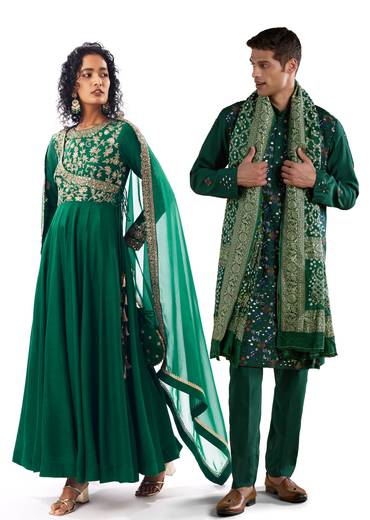 Regal Wedding Couple Set – Green Angarkha Anarkali for Her And Green Silk Thread Work Kurta Set with Dupatta for Him